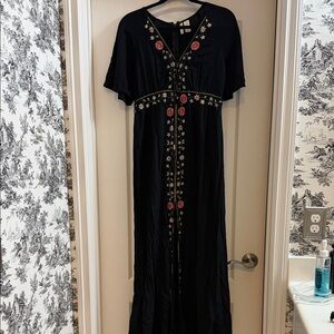Japna Black Maxi Dress with Floral Embroidery